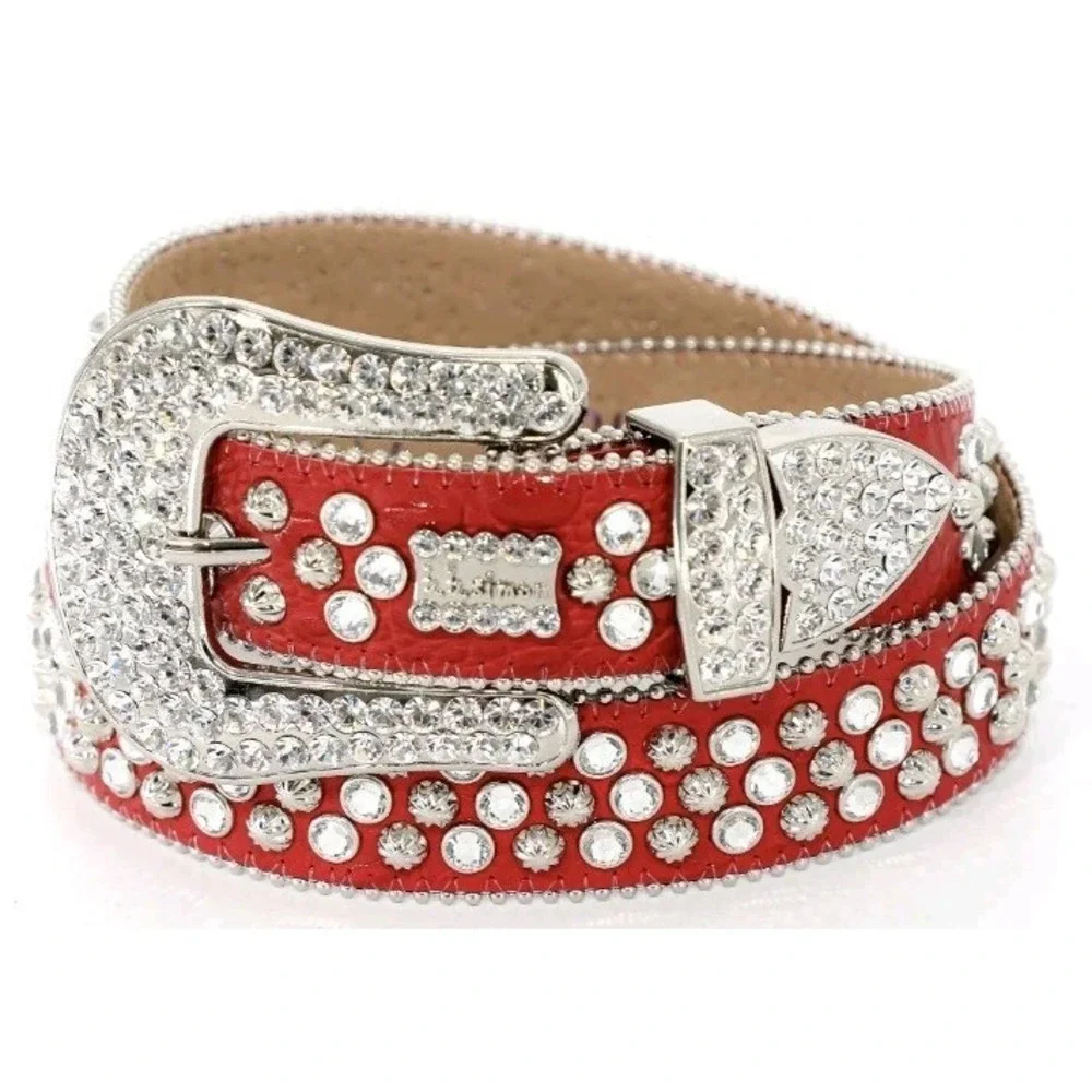 NEW B.B SIMON 2617 RED BELT W/ ALL SILVER CRYSTALS AND‎ PARACHUTE STUDS RODEO 46